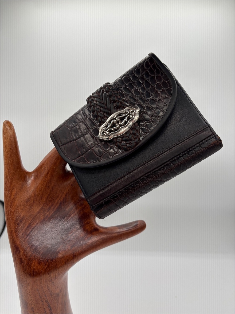 Women's BRIGHTON Croc-Texture Leather Brown and Black Wallet w/ Silver Accent